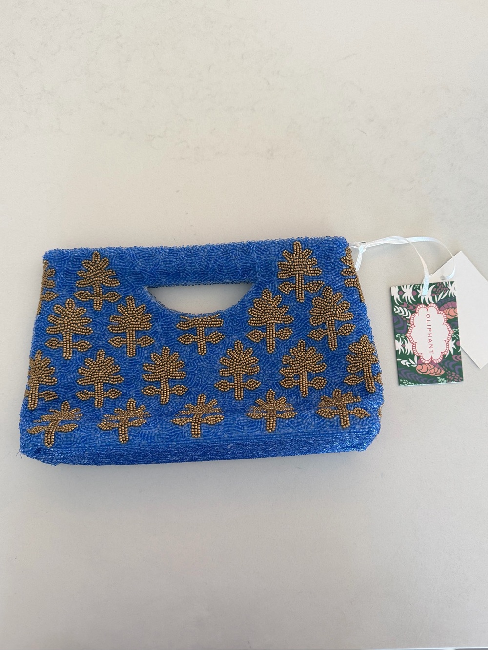 Oliphant Royal Blue Beaded Clutch with Gold Motifs